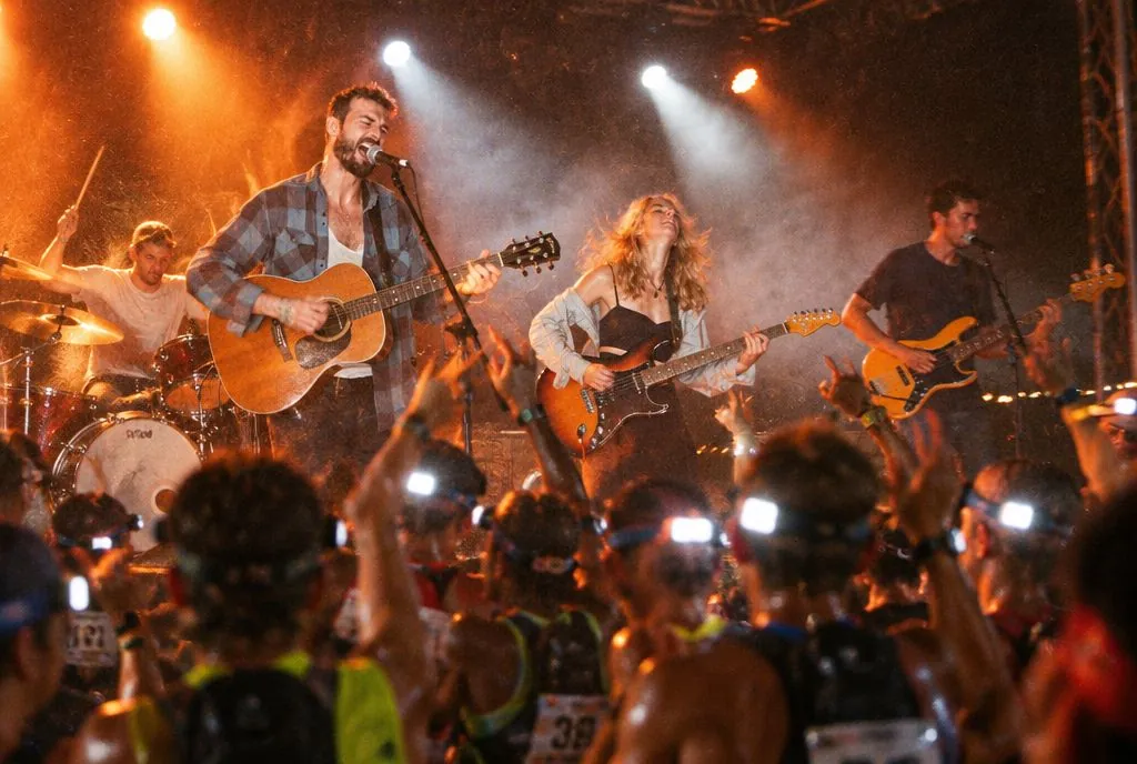 TrailFire playing the finish-line stage as runners arrive with headlamps