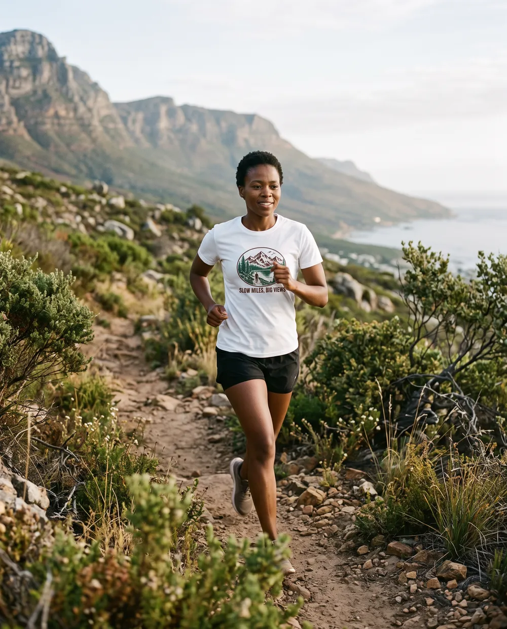 Runner wearing the Slow Miles, Big Views tee