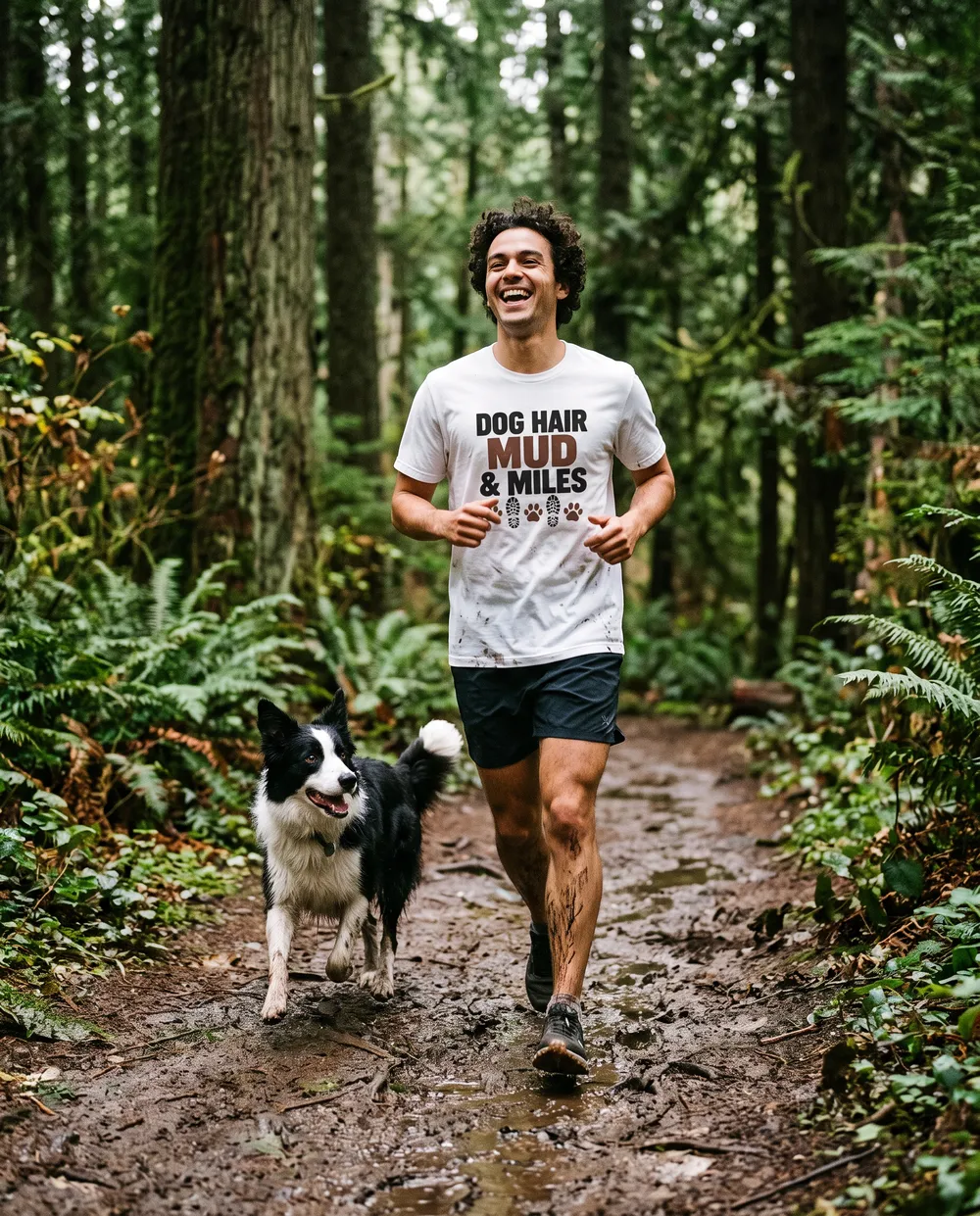 Runner wearing the Dog Hair, Mud & Miles tee
