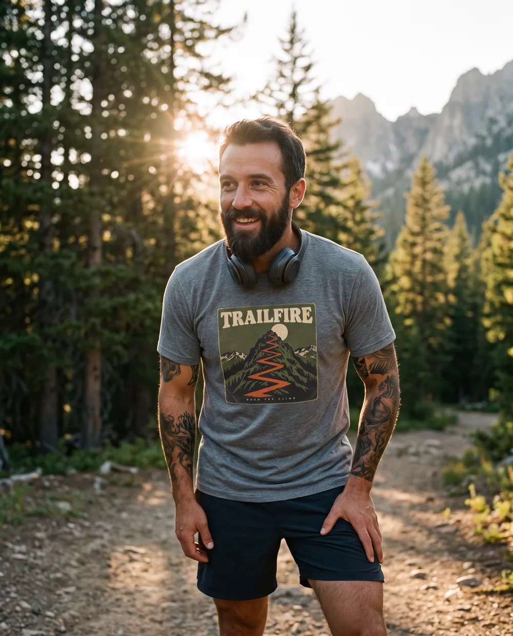 Runner wearing the TrailFire Burn the Climb tee
