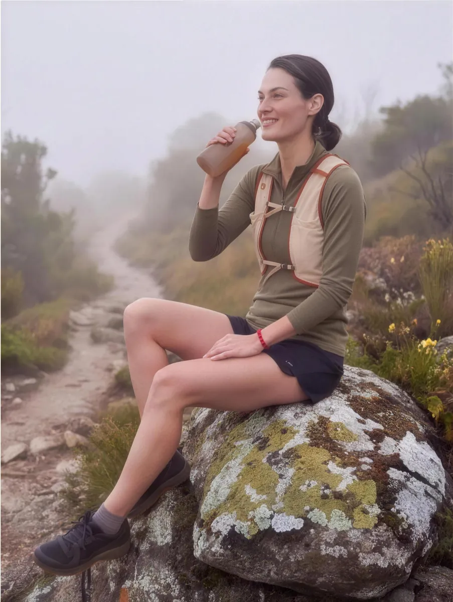 Tam resting on a boulder with a coffee